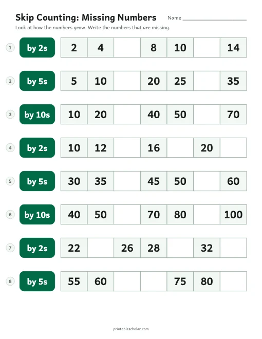Missing Numbers printable preview
