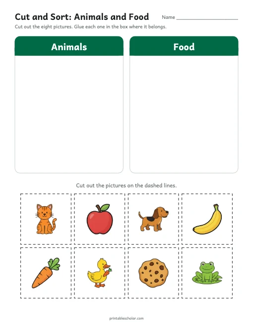 Cut and Sort: Animals and Food printable preview