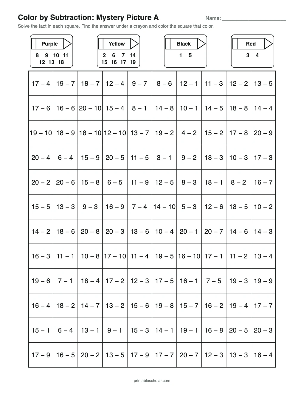 Color by Subtraction: Mystery Picture A printable preview