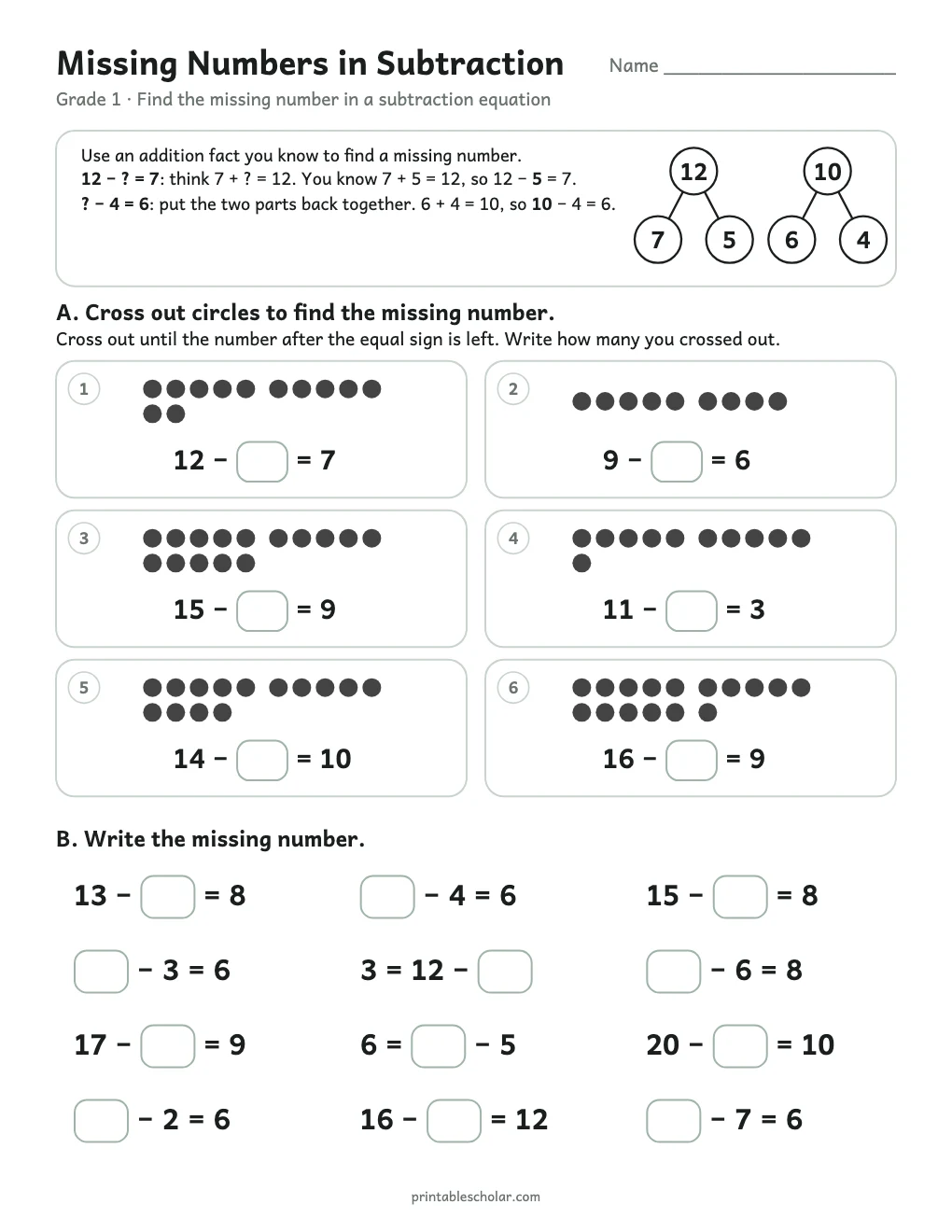Missing Numbers in Subtraction printable preview