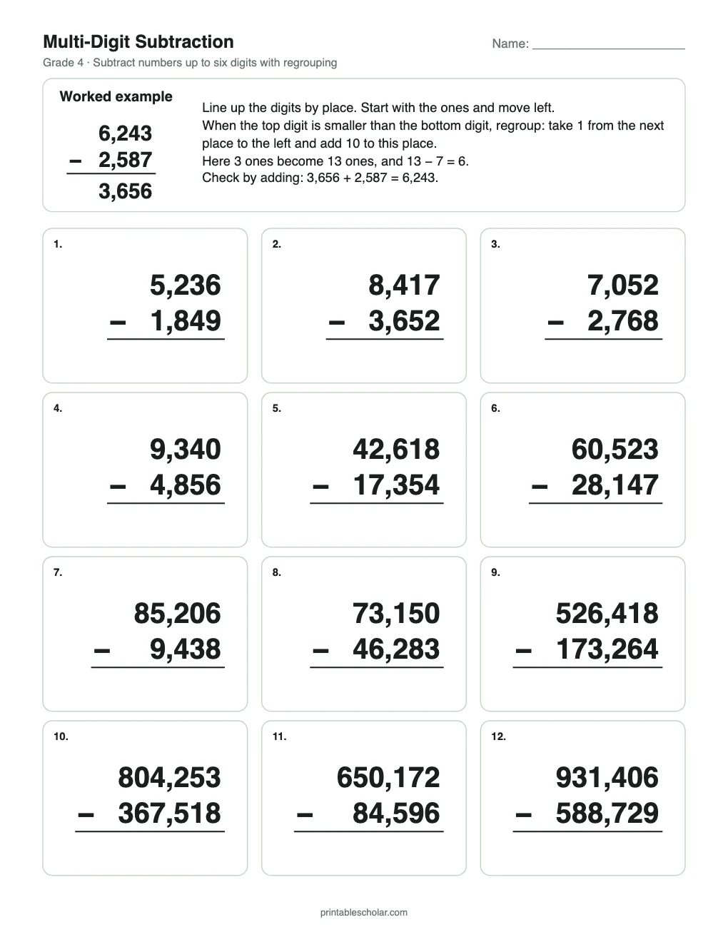 Multi-Digit Subtraction printable preview