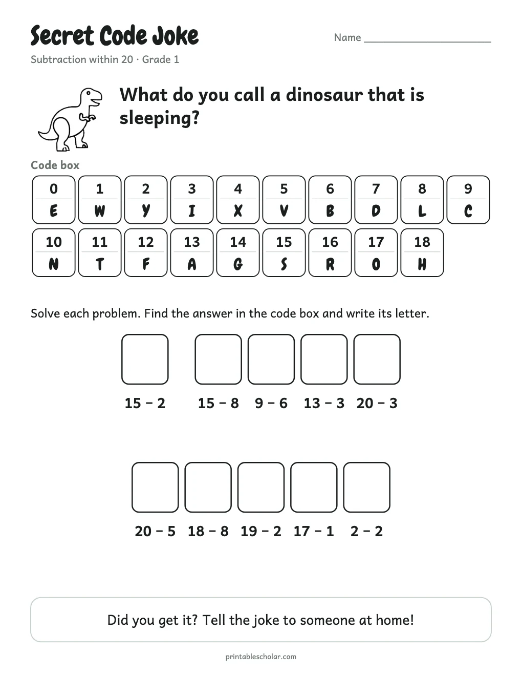 Secret Code Joke: Subtraction printable preview