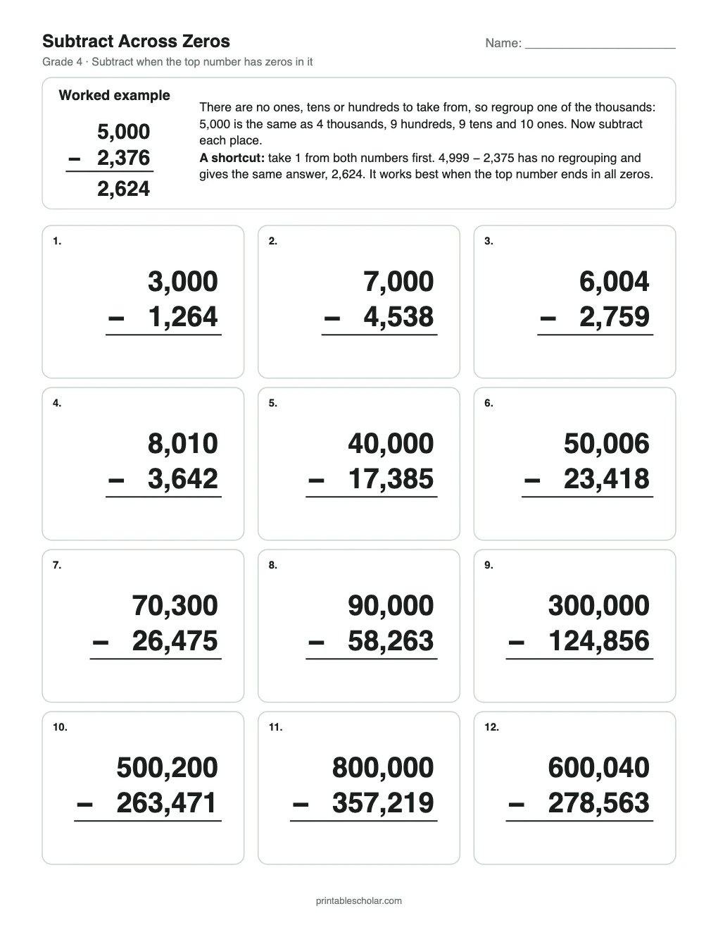 Subtract Across Zeros printable preview