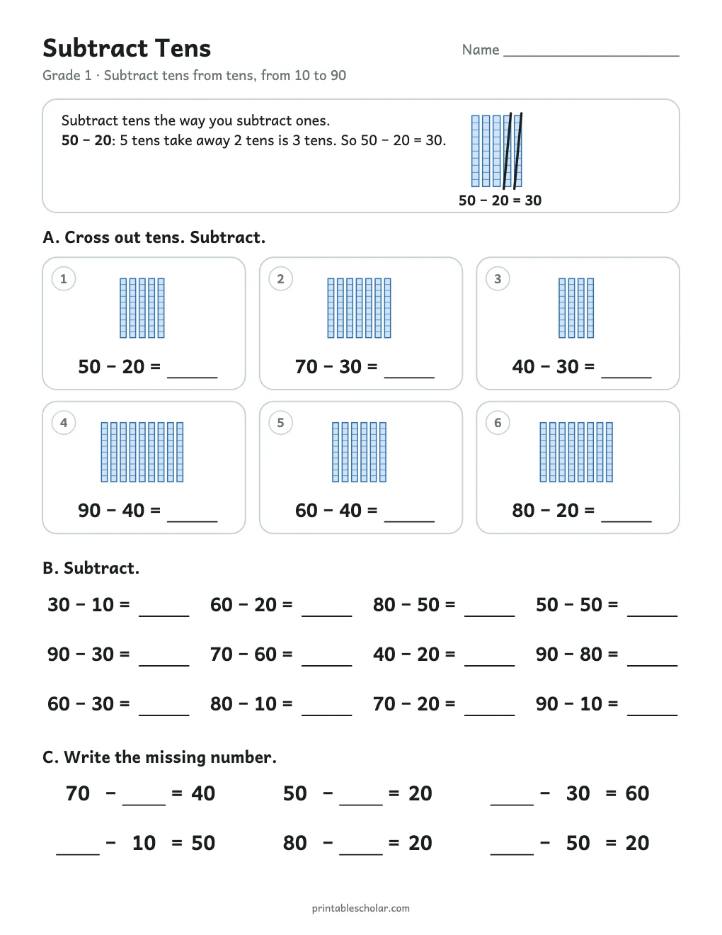 Subtract Tens printable preview