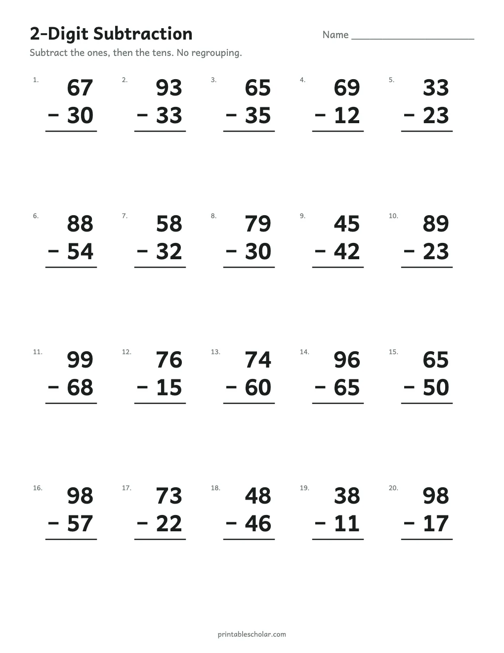 2-Digit Subtraction (No Regrouping) printable preview