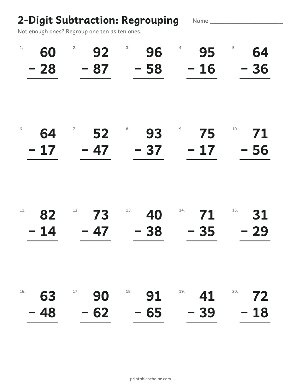 2-Digit Subtraction with Regrouping printable preview