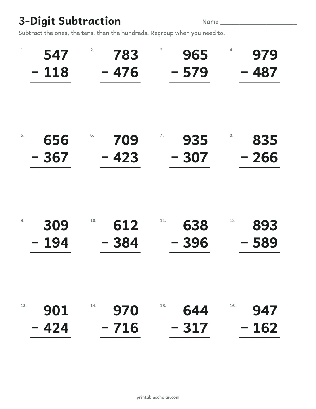 3-Digit Subtraction printable preview