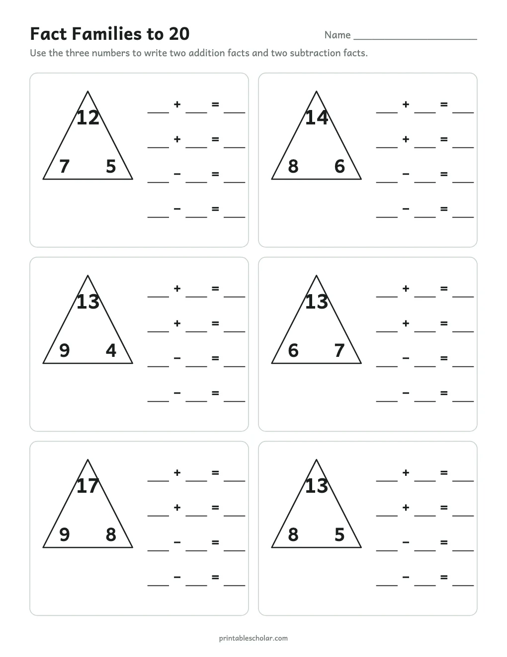 Fact Families to 20 printable preview