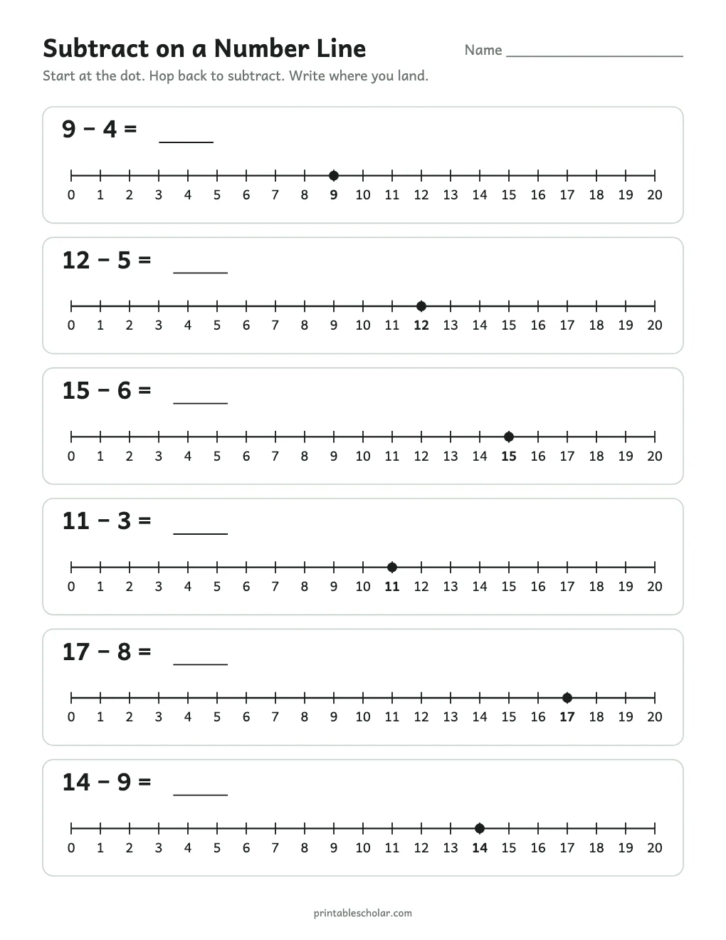 Subtract on a Number Line printable preview