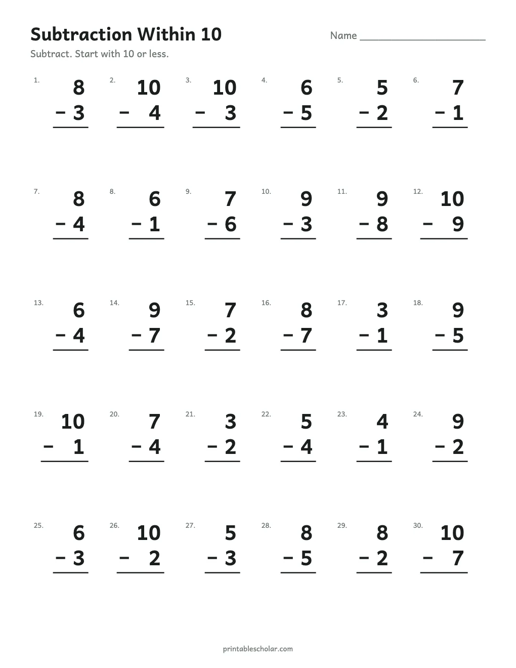 Subtraction Within 10 printable preview