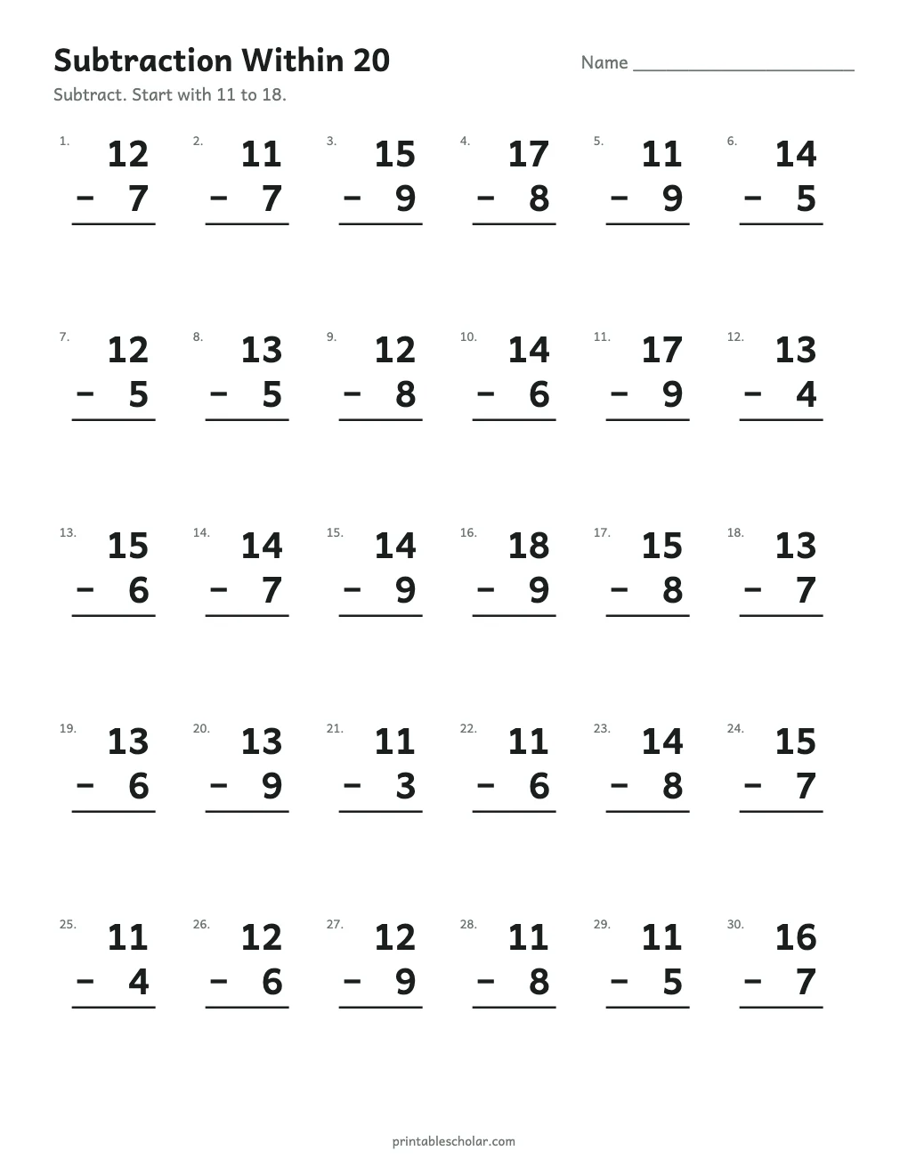 Subtraction Within 20 printable preview