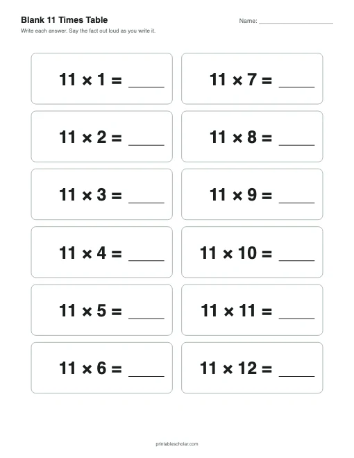Blank 11 Times Table printable preview