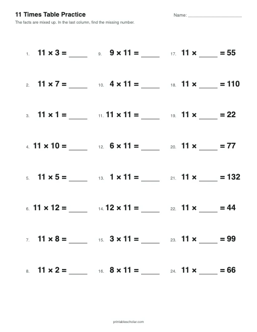 11 Times Table Practice printable preview