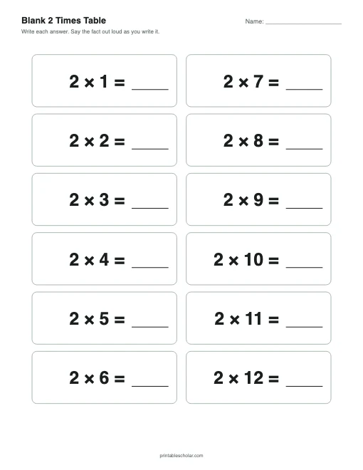 Blank 2 Times Table printable preview