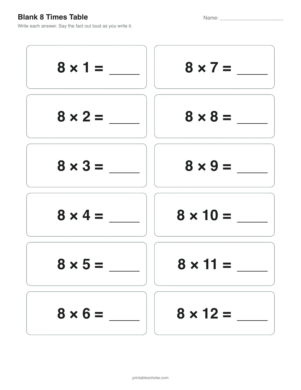 Blank 8 Times Table printable preview