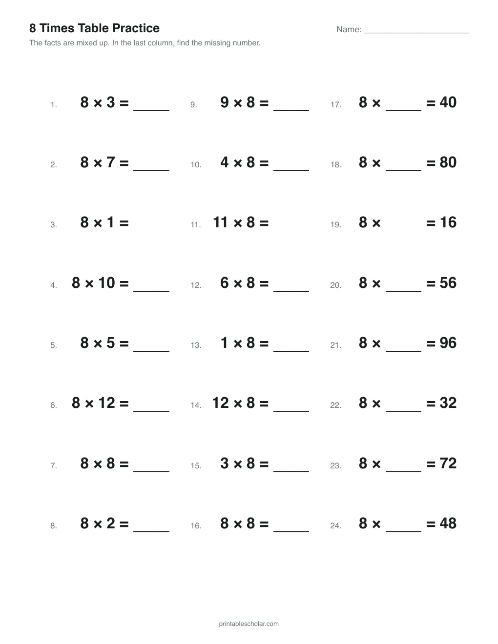 8 Times Table Practice printable preview