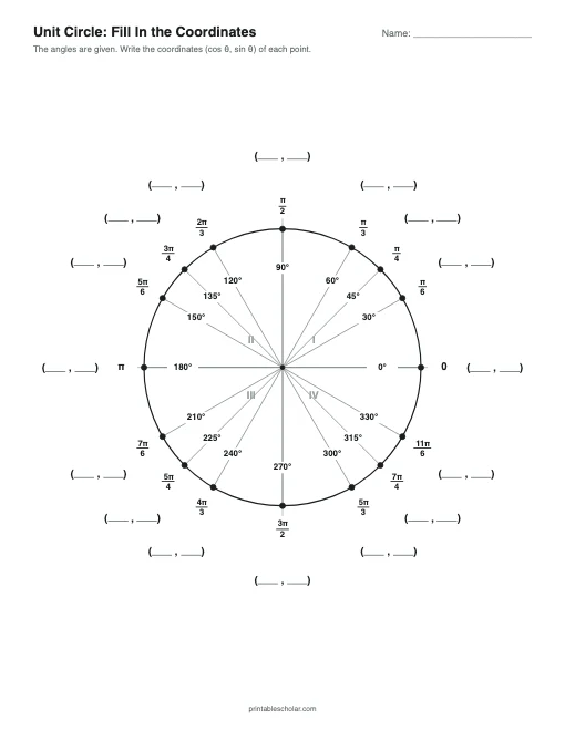 Unit Circle: Fill In the Coordinates printable preview