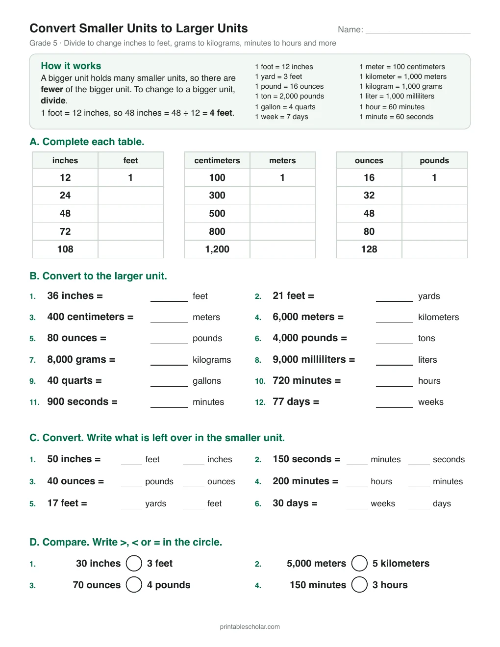Convert Smaller Units to Larger Units printable preview