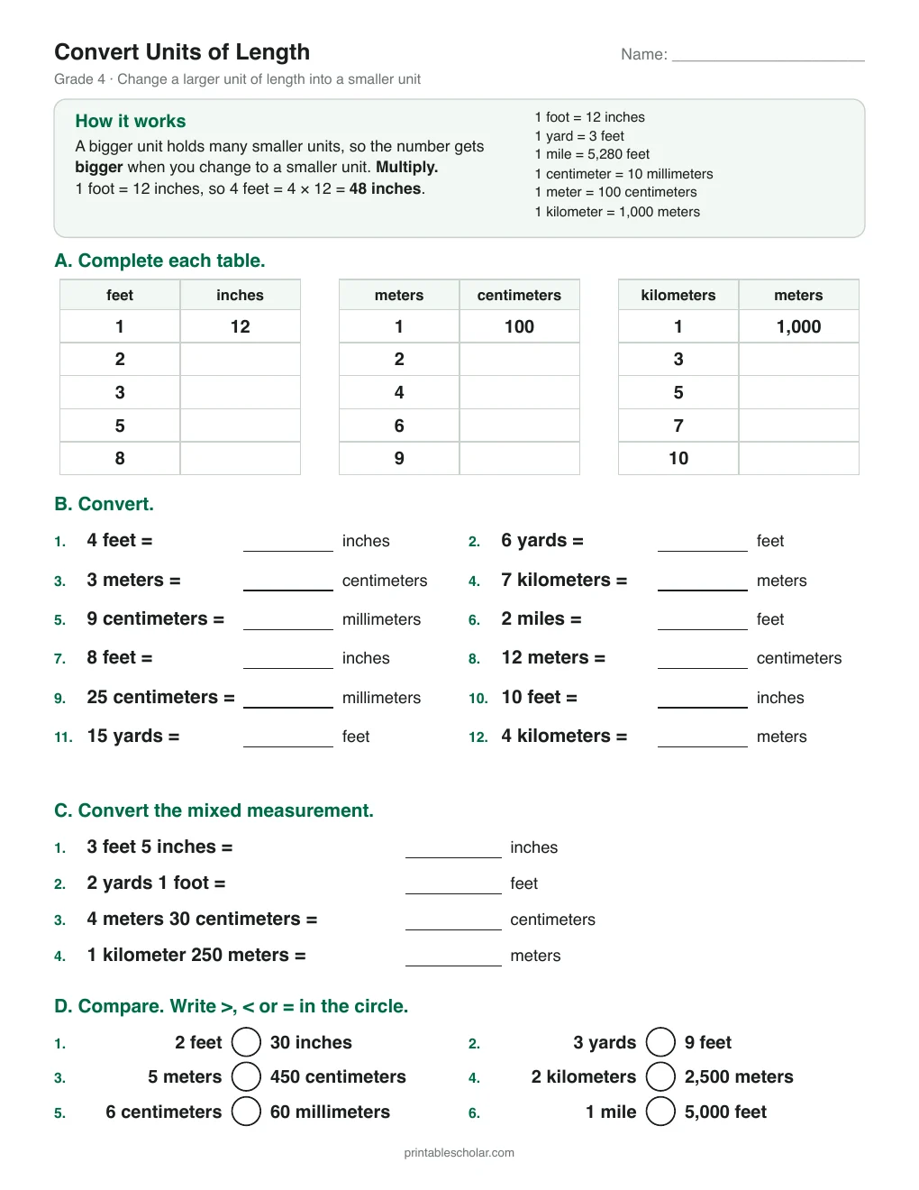 Convert Units of Length printable preview