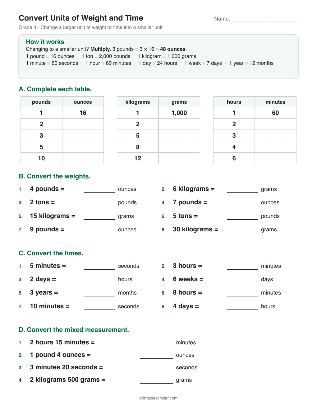 Convert Units of Weight and Time printable preview