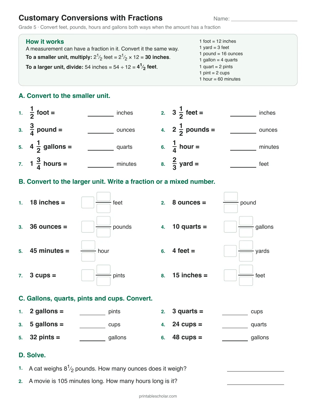 Customary Conversions with Fractions printable preview