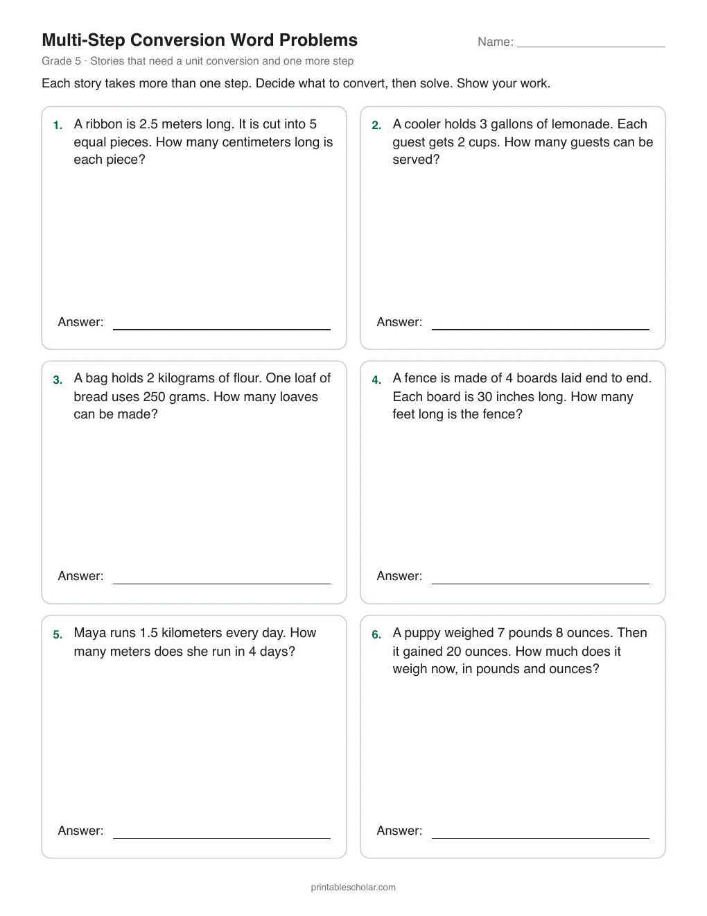 Multi-Step Conversion Word Problems printable preview
