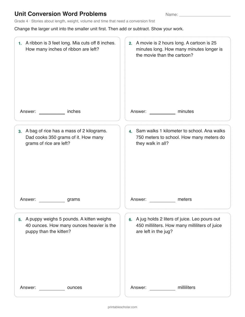 Unit Conversion Word Problems printable preview