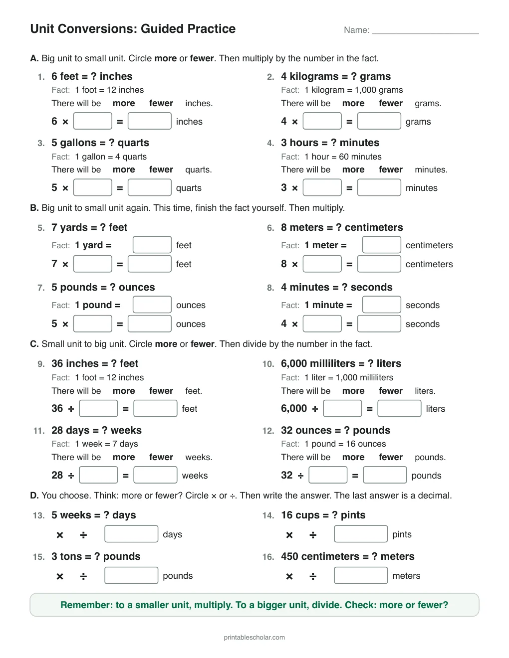 Unit Conversions: Guided Practice printable preview