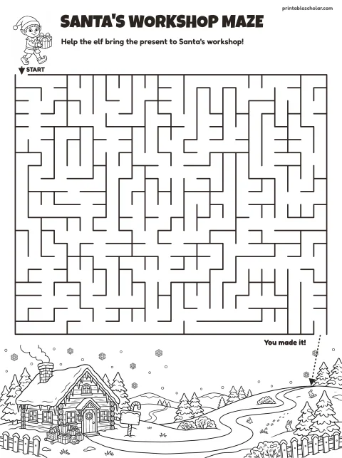 Free printable christmas maze for kids — santa's workshop (harder) style (black and white) worksheet