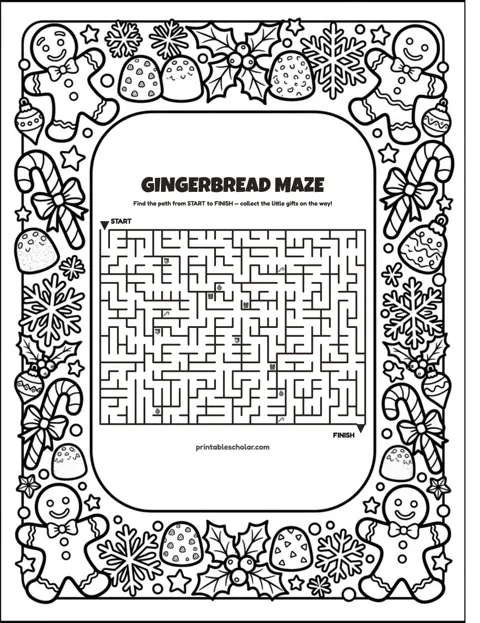 Free printable christmas maze for kids — gingerbread style (black and white) worksheet
