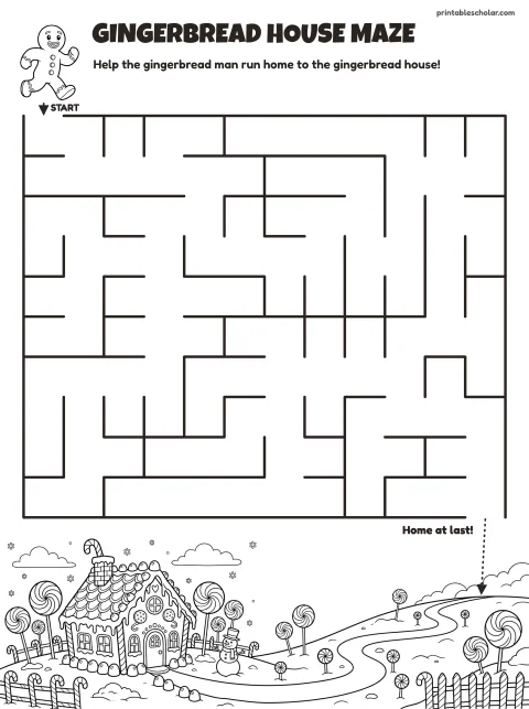 Free printable christmas maze for kids — gingerbread house (easy) style (black and white) worksheet