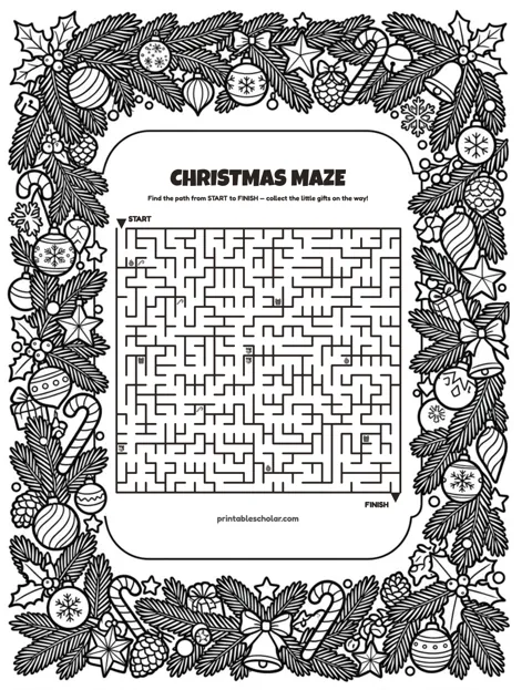 Free printable christmas maze for kids — ornaments style (black and white) worksheet