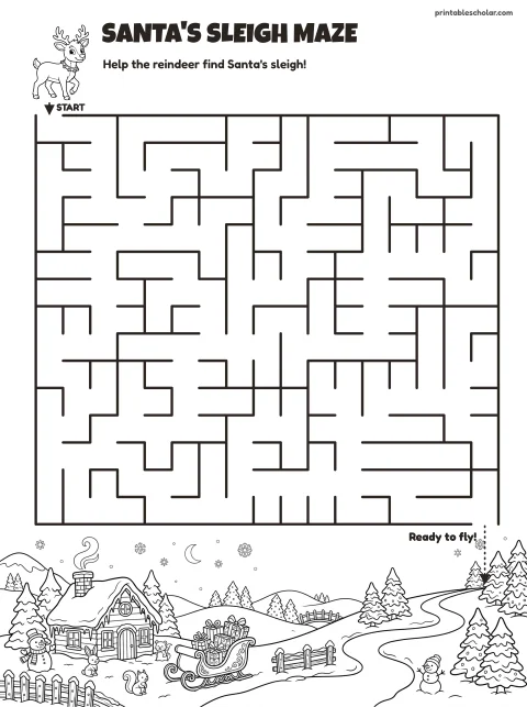 Free printable christmas maze for kids — santa's sleigh (medium) style (black and white) worksheet