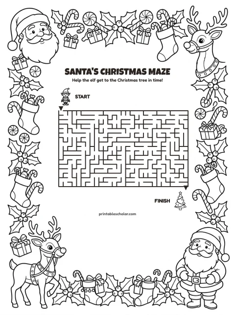 Free printable christmas maze for kids — santa style (black and white) worksheet