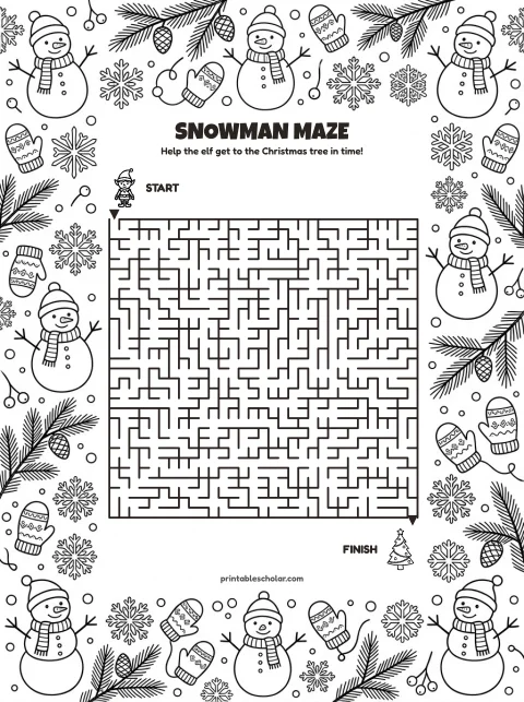 Free printable christmas maze for kids — snowman style (black and white) worksheet
