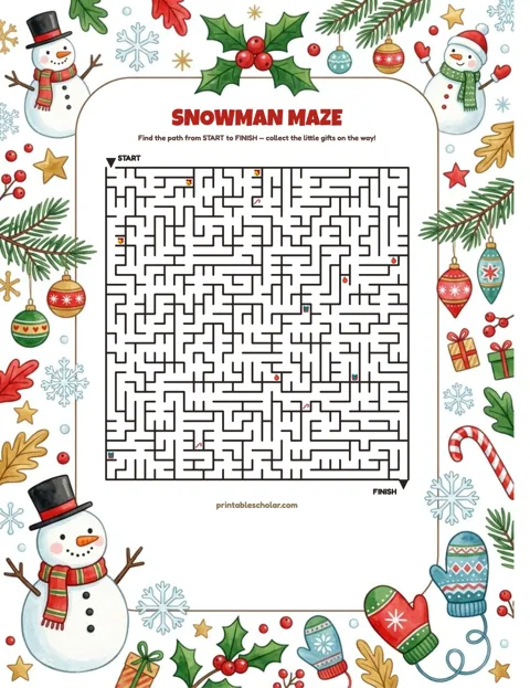 Free printable christmas maze for kids — snowman style worksheet