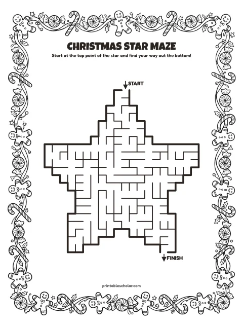 Free printable christmas maze for kids — star shape style (black and white) worksheet