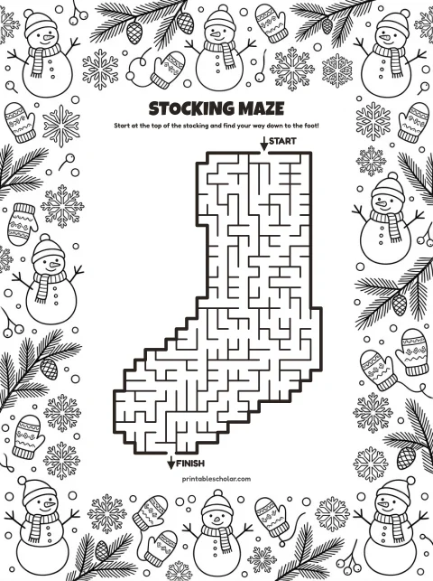 Free printable christmas maze for kids — stocking shape style (black and white) worksheet