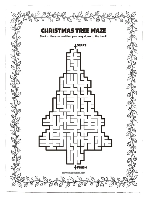 Free printable christmas maze for kids — tree shape style (black and white) worksheet