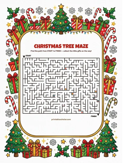 Free printable christmas maze for kids — christmas tree style worksheet