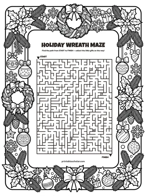 Free printable christmas maze for kids — wreath style (black and white) worksheet