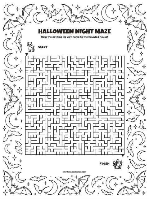 Free printable halloween maze for kids — halloween night style (black and white) worksheet