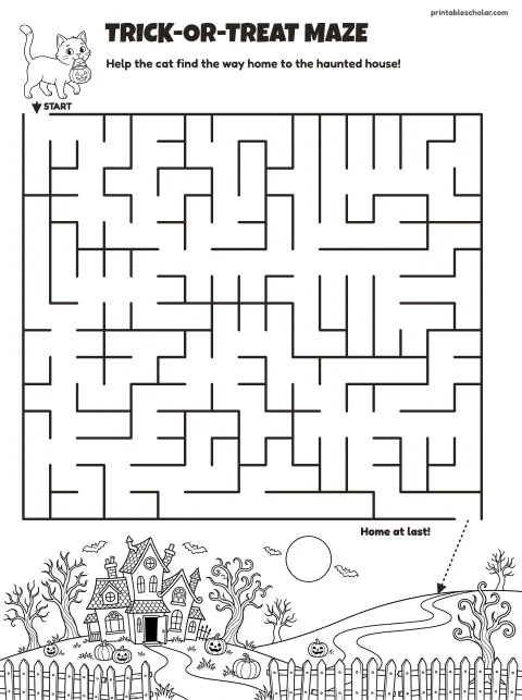 Free printable halloween maze for kids — haunted house (medium) style (black and white) worksheet