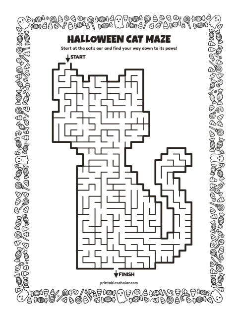 Free printable halloween maze for kids — cat shape style (black and white) worksheet
