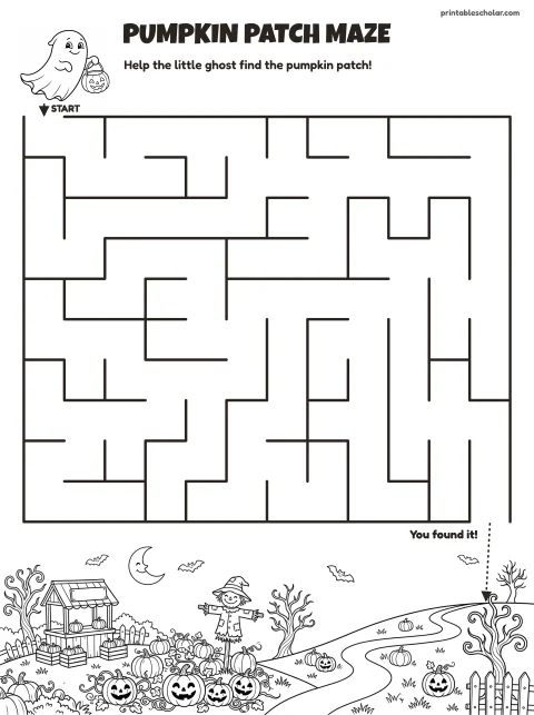 Free printable halloween maze for kids — pumpkin patch (easy) style (black and white) worksheet