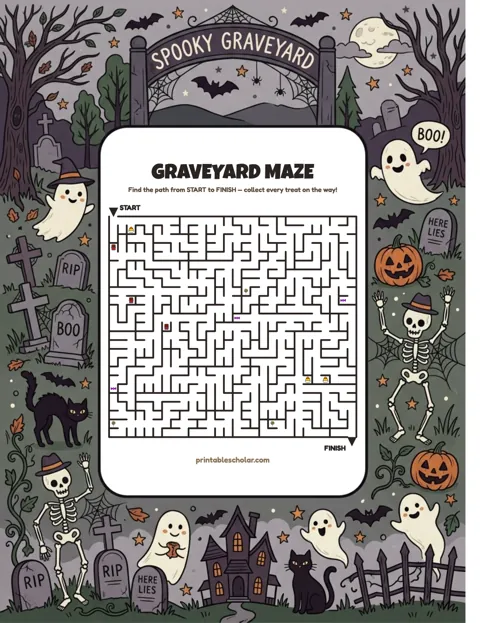Free printable halloween maze for kids — graveyard style worksheet