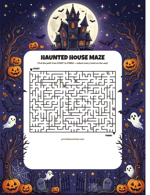 Free printable halloween maze for kids — haunted house style worksheet
