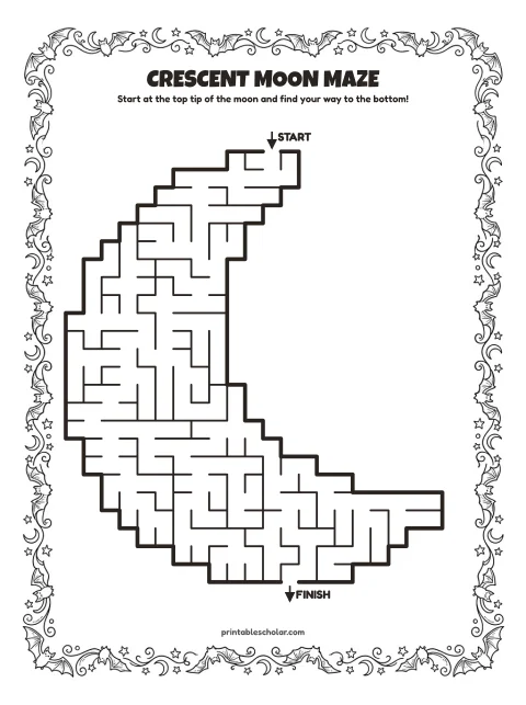 Free printable halloween maze for kids — moon shape style (black and white) worksheet