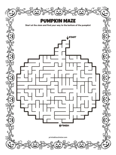 Free printable halloween maze for kids — pumpkin shape style (black and white) worksheet
