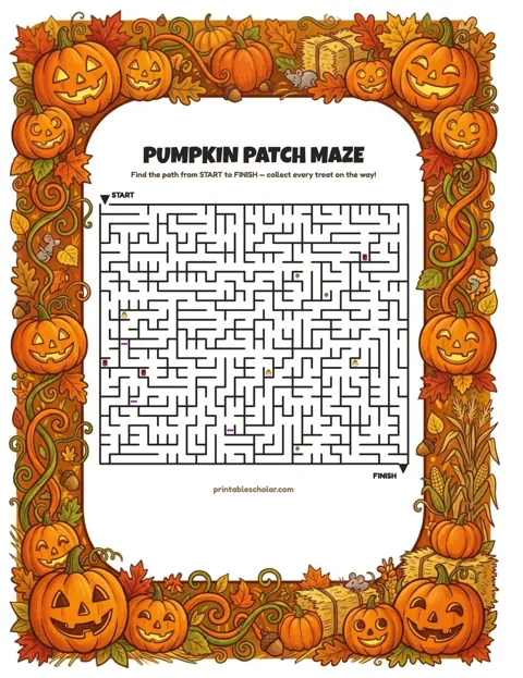 Free printable halloween maze for kids — pumpkin patch style worksheet